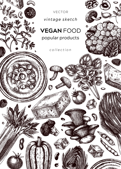 Vegan food sketched card. Healthy food banner template. Middle eastern cuisine cover. Hand-drawn vegan meals and ingredients for menu, recipe, and packaging design. Vegan food sketches in color